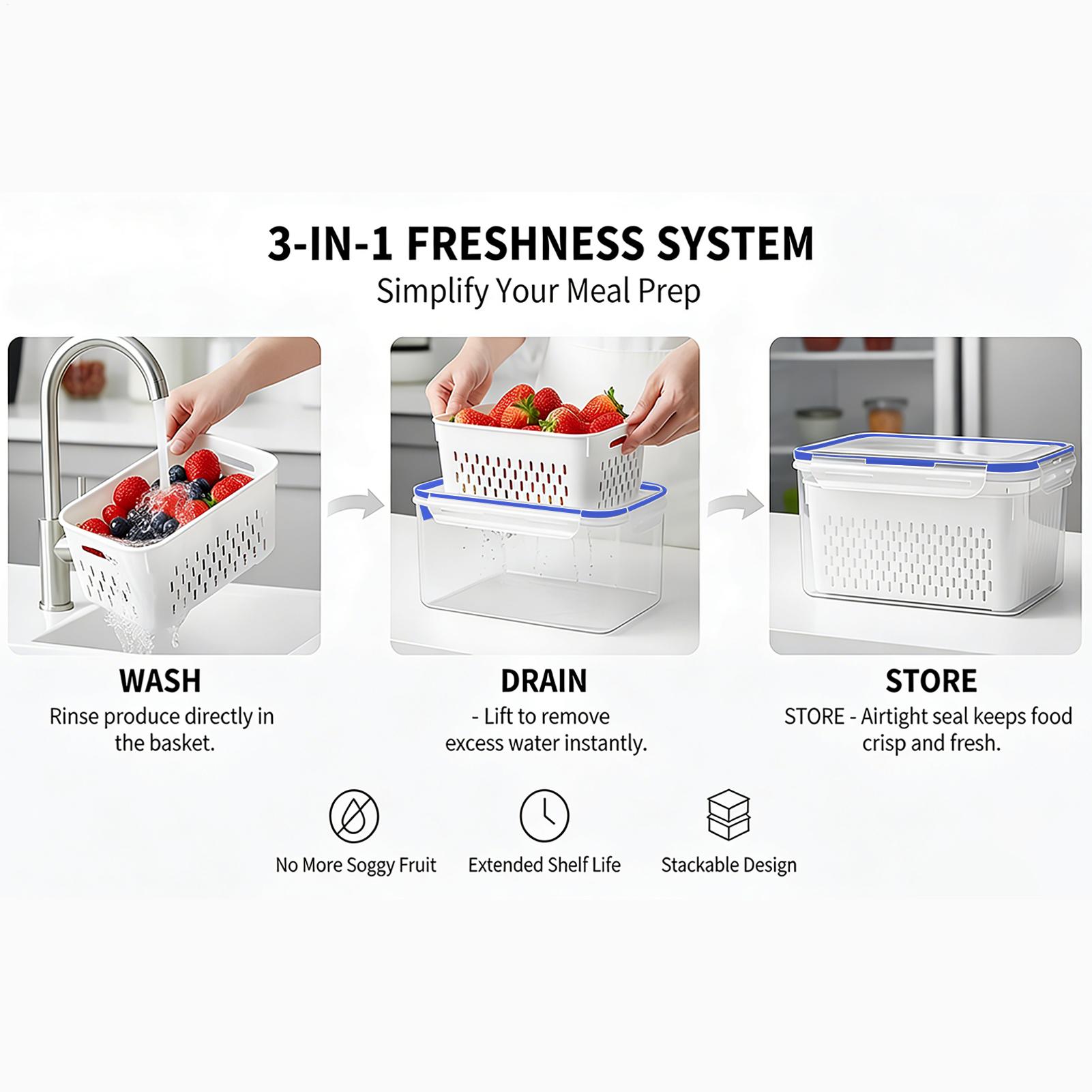 Food Storage With Colander - 4-in-1 voedselbewaarcontainer 4-in-1 transparante lekvrije containers