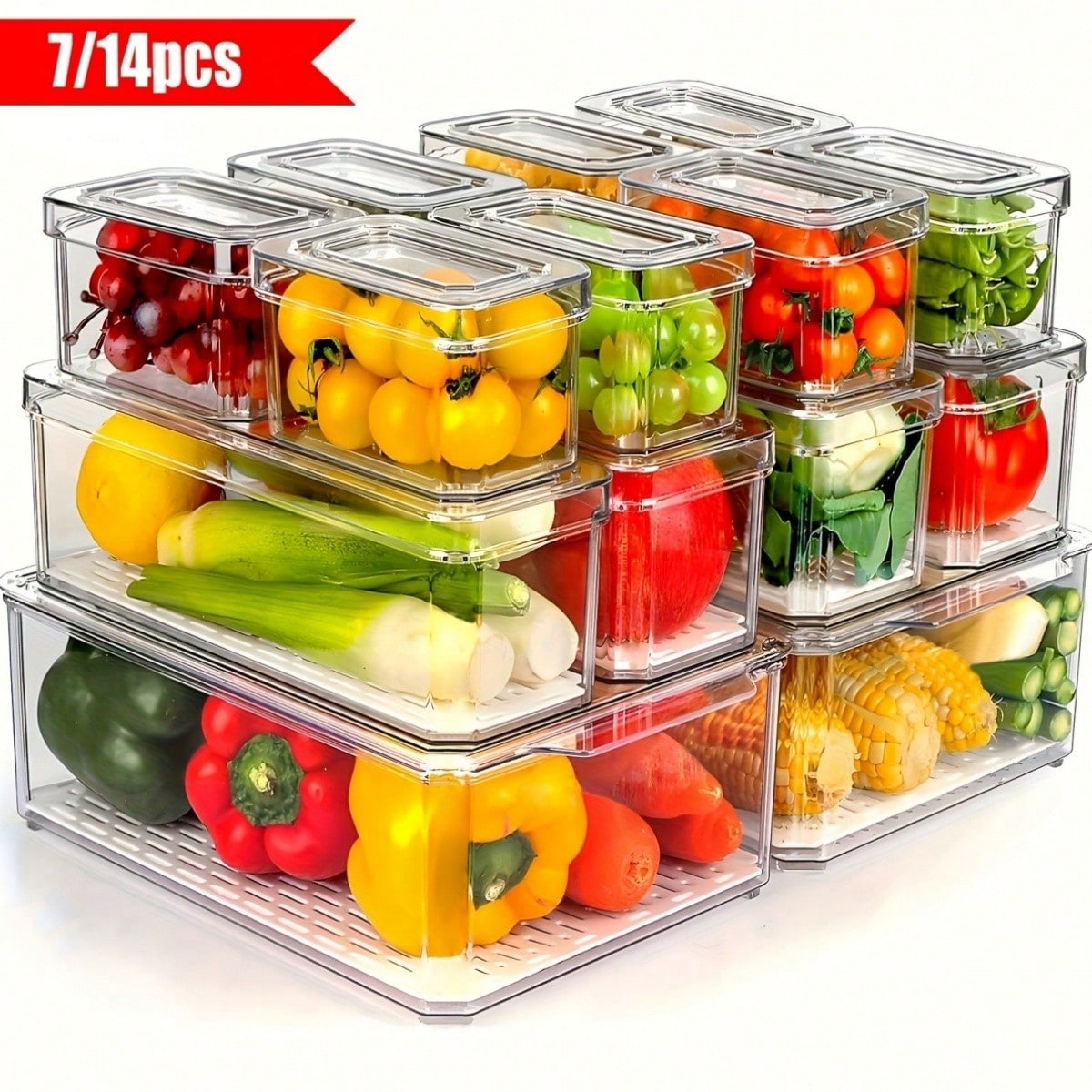 Food Storage Stackable Containers - 7/14-delige stapelbare koelkastopbergbakken met deksels, ruimtebesparende