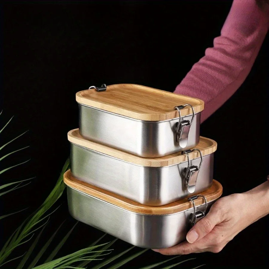 Food Storage With Colander - Nieuwe 304 roestvrijstalen lunchbox met bamboe
