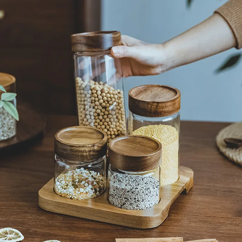 Food Storage Glass Containers - Houten Deksel Orgnizer Glas Luchtdichte Bus