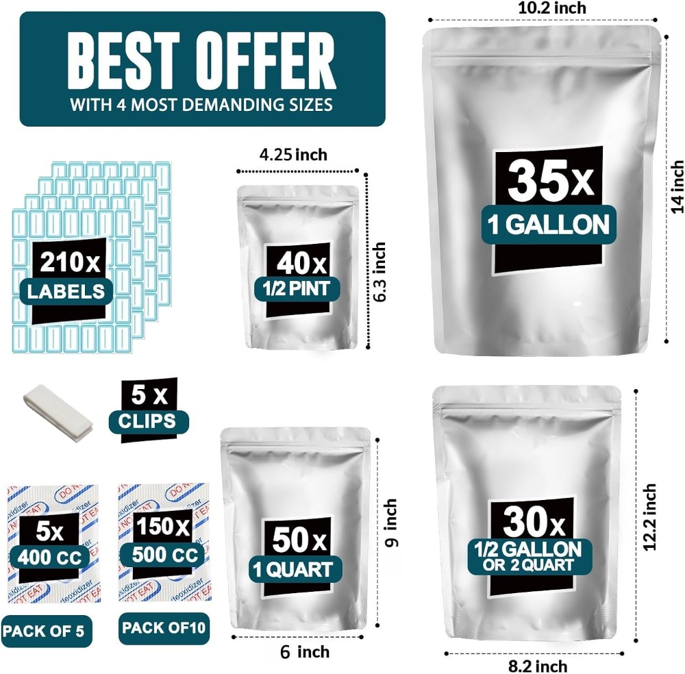 155 Mylar-zakjes met 155 zuurs - Food Storage Labels recensie en prijs
